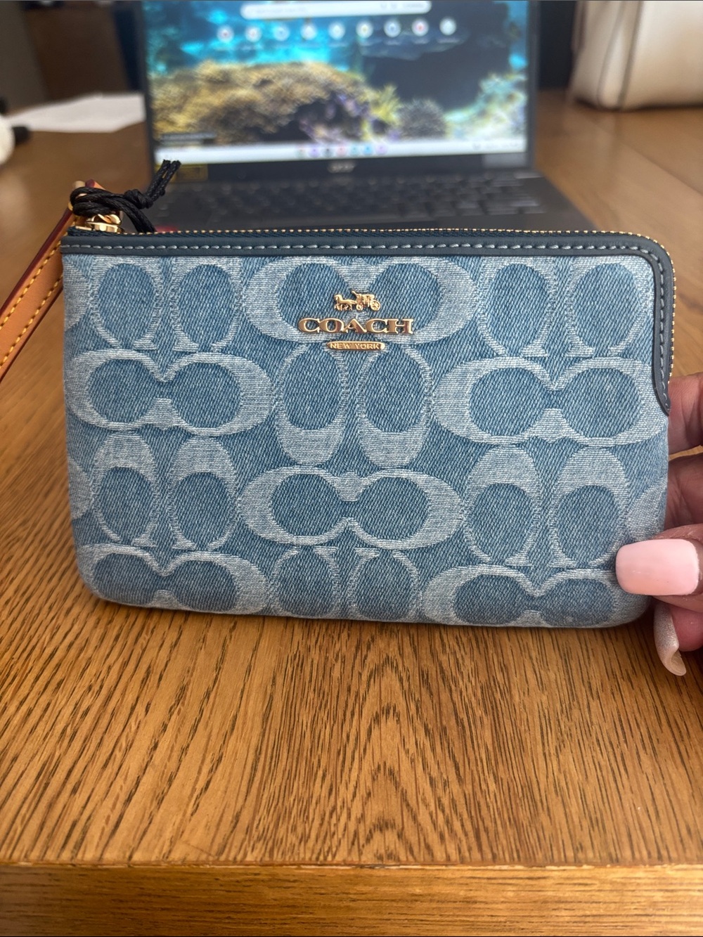 Coach Blue Denim Signature Corner Zip Wristlet NWT With Fashion Denim Earrings